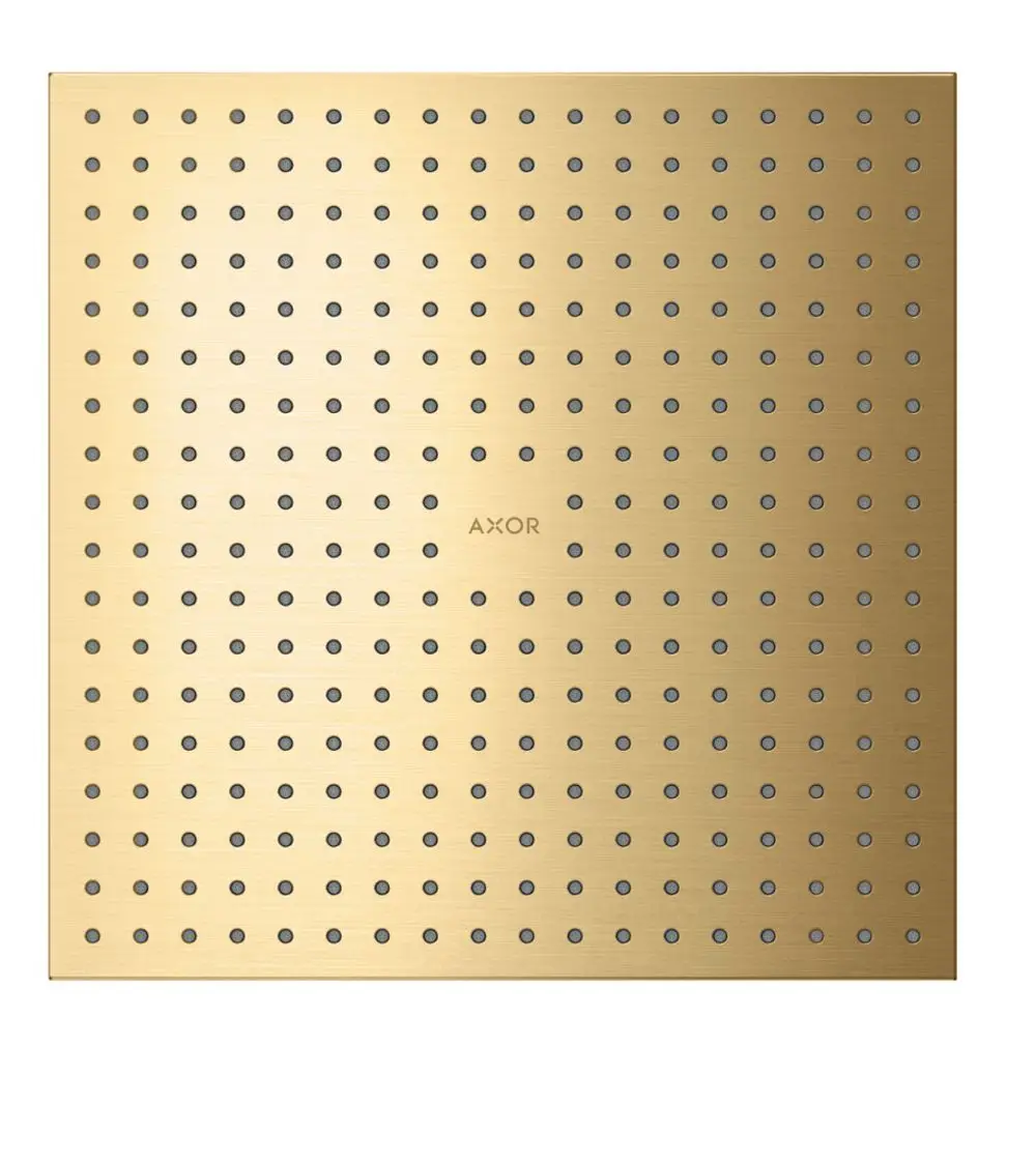 Duschkopf in quadratischer Form mit goldfarbener Oberfläche und gleichmäßig verteilten Düsen; gekennzeichnet mit dem Markennamen AXOR.